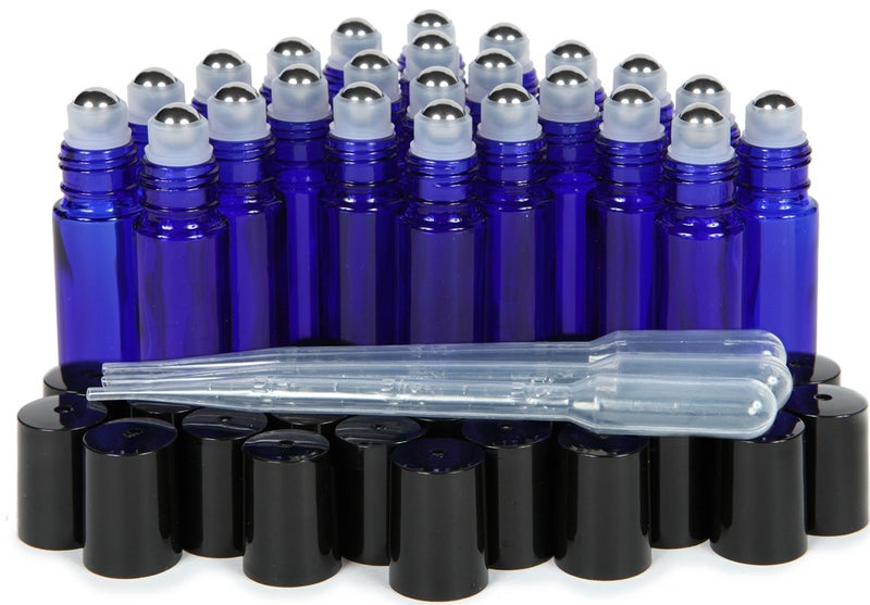 Vivaplex  24  Cobalt Blue  10 ml Glass Roll-on Bottles with Stainless Steel Roller Balls. 3-3 ml Droppers included - Image 1